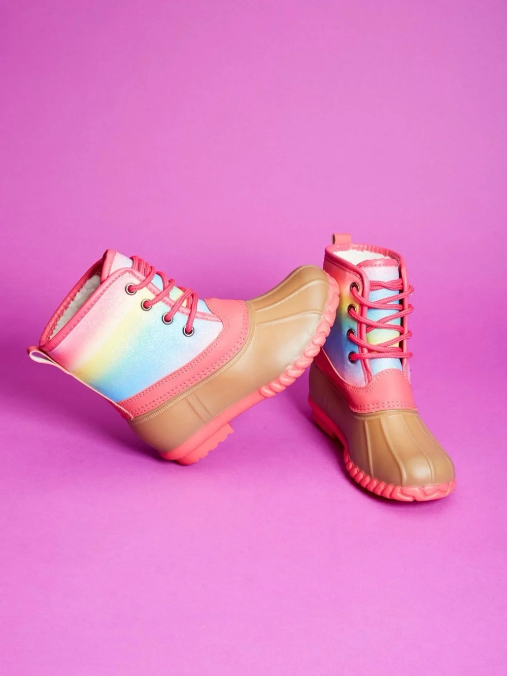 Rainbow Ombre Glitter Duck Boots Lace Up Sherpa Girl's. Size 5